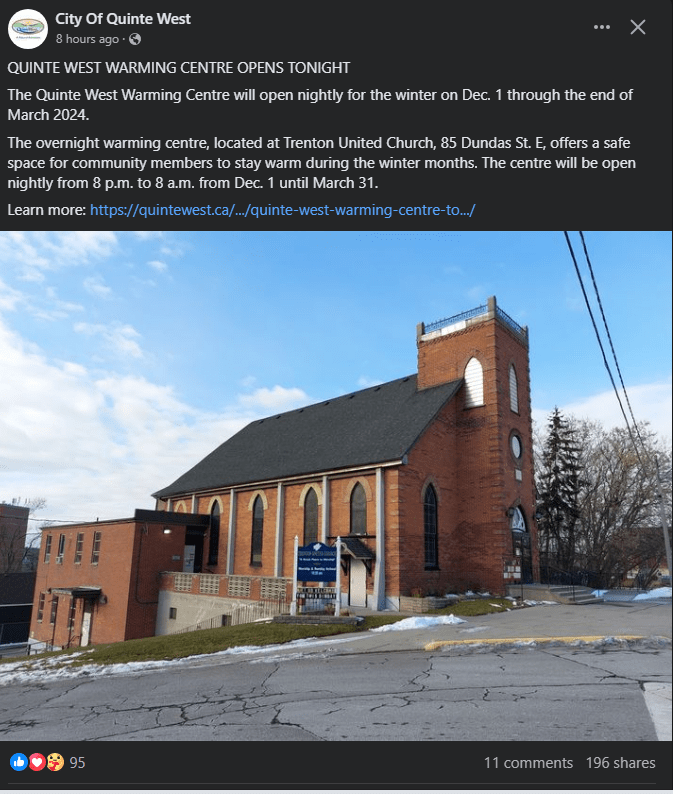 Quinte West Warming&nbsp;Centre